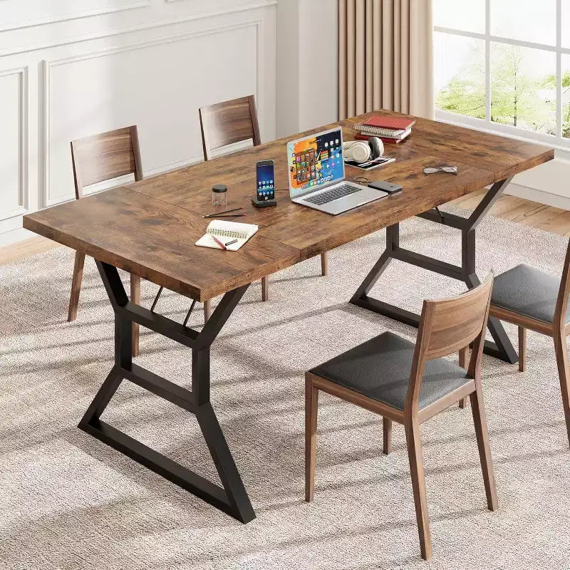 71 Inch Dining Table for 6 to 8 People, Rustic Style Rectangle Kitchen Table, Geometric Metal Legs, Modern Farmhouse Style, for Kitchen