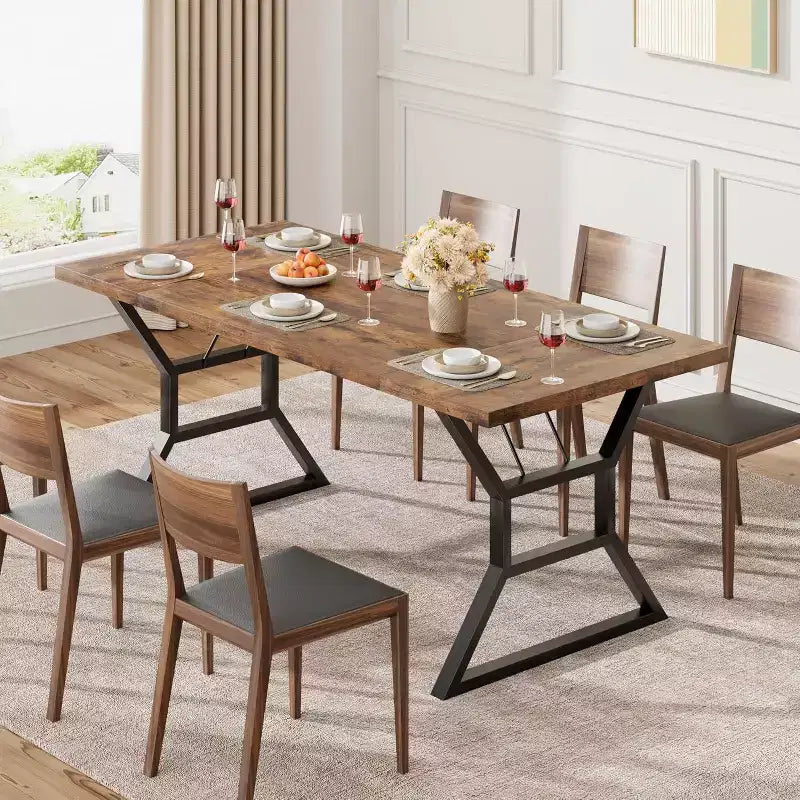 71 Inch Dining Table for 6 to 8 People, Rustic Style Rectangle Kitchen Table, Geometric Metal Legs, Modern Farmhouse Style, for Kitchen