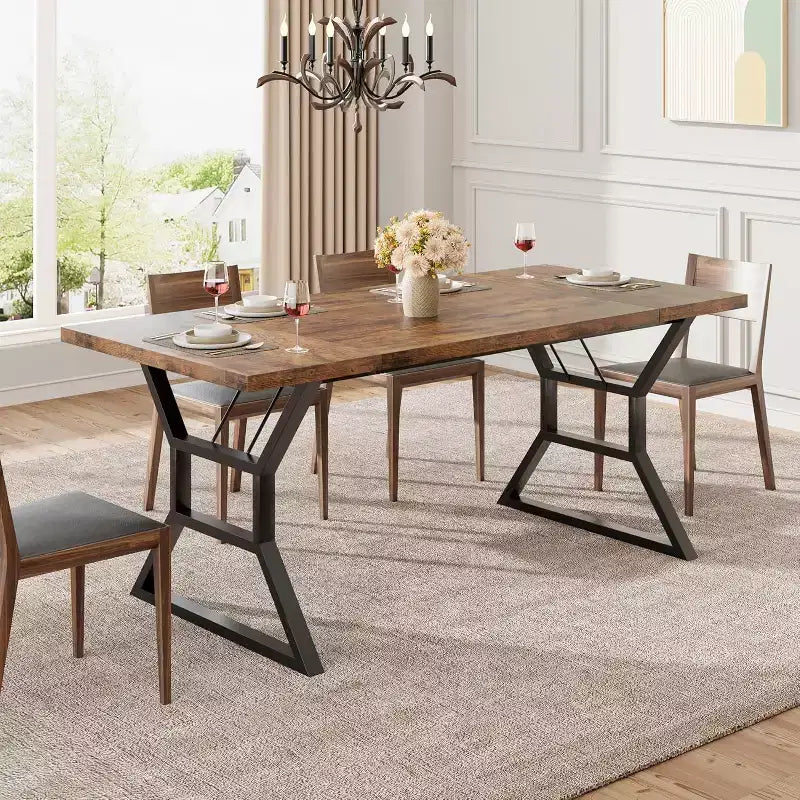 71 Inch Dining Table for 6 to 8 People, Rustic Style Rectangle Kitchen Table, Geometric Metal Legs, Modern Farmhouse Style, for Kitchen