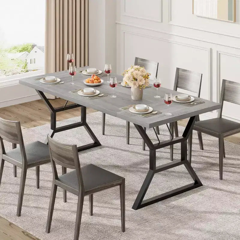 71 Inch Dining Table for 6 to 8 People, Rustic Style Rectangle Kitchen Table, Geometric Metal Legs, Modern Farmhouse Style, for Kitchen