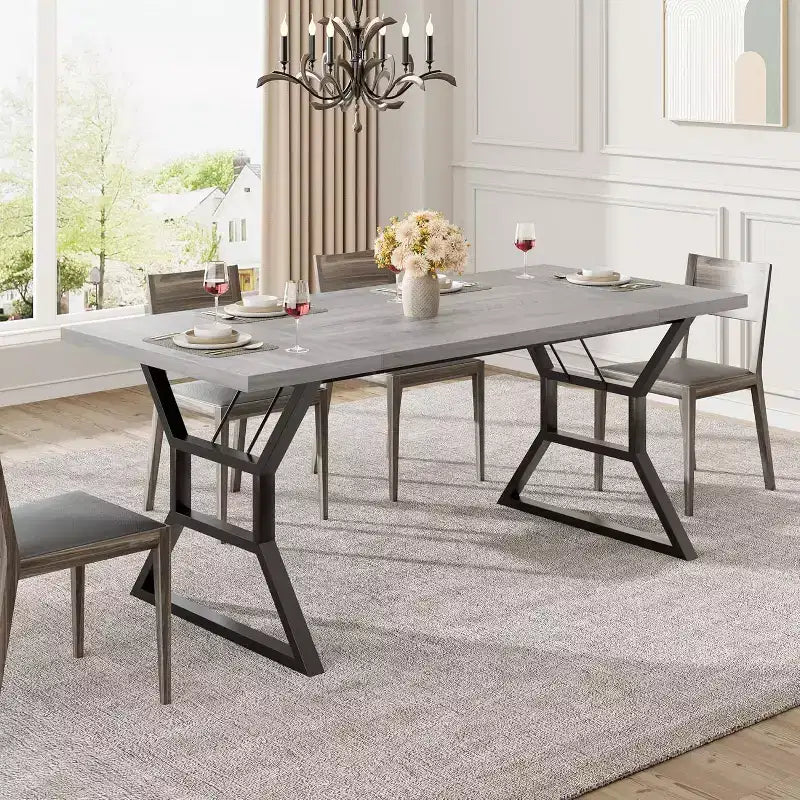 71 Inch Dining Table for 6 to 8 People, Rustic Style Rectangle Kitchen Table, Geometric Metal Legs, Modern Farmhouse Style, for Kitchen