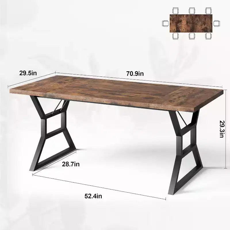 71 Inch Dining Table for 6 to 8 People, Rustic Style Rectangle Kitchen Table, Geometric Metal Legs, Modern Farmhouse Style, for Kitchen