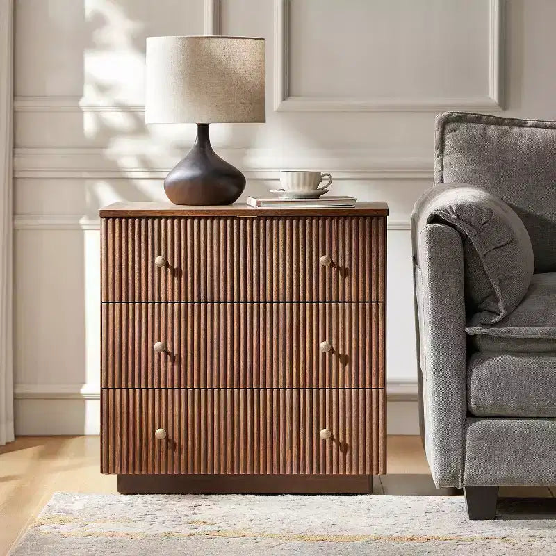 Sara 3-Drawer Modern end table with Built-in Charging Station|ART OF LIVING DESIGNS-WALNUT