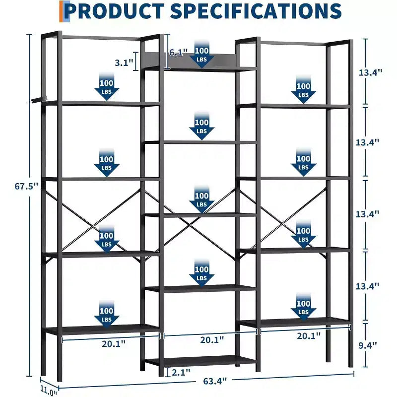 5-Tier Triple-Column Bookcase, 14 Adjustable Shelves, 100LB/Shelf, Steel Frame & Particle Board (Black/Brown)