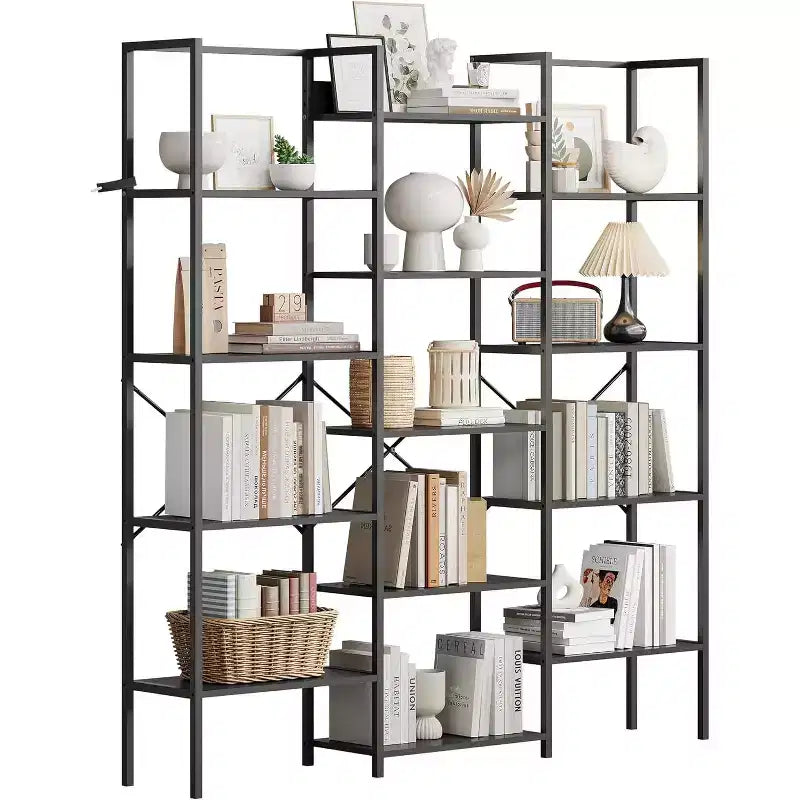 5-Tier Triple-Column Bookcase, 14 Adjustable Shelves, 100LB/Shelf, Steel Frame & Particle Board (Black/Brown)