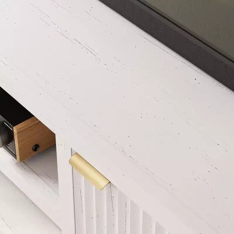 Mobile TV scanalato Garvee per 80 pollici, mobile TV moderno con contenitore, mobile multimediale in legno con ante scanalate per soggiorno