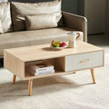 Natural Wood Color Rectangle Coffee Table with Solid Wood Legs and Sliding Drawer Storage