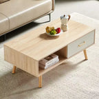 Tavolino Rettangolare Colore Legno Naturale con Gambe in Legno Massiccio e Cassetto Scorrevole Contenitore