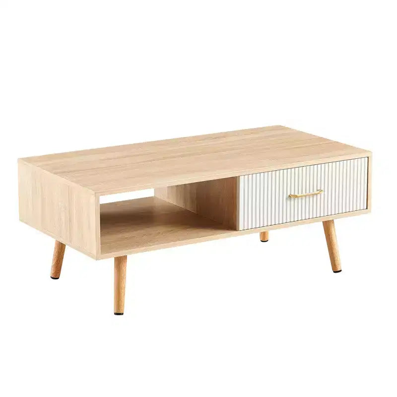 Tavolino Rettangolare Colore Legno Naturale con Gambe in Legno Massiccio e Cassetto Scorrevole Contenitore