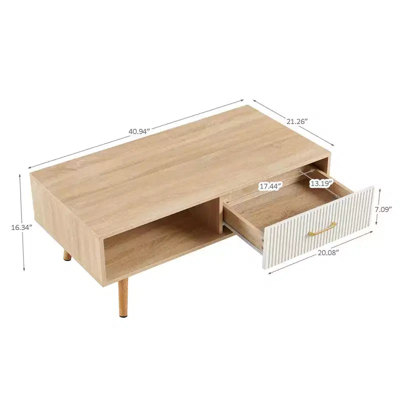 Tavolino Rettangolare Colore Legno Naturale con Gambe in Legno Massiccio e Cassetto Scorrevole Contenitore