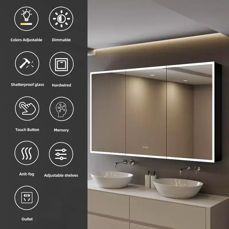 Pensile Flora con specchi e luci, mobiletto da bagno a incasso/da parete con luce a 3 modalità, dimmerabile, anti-appannamento, nero