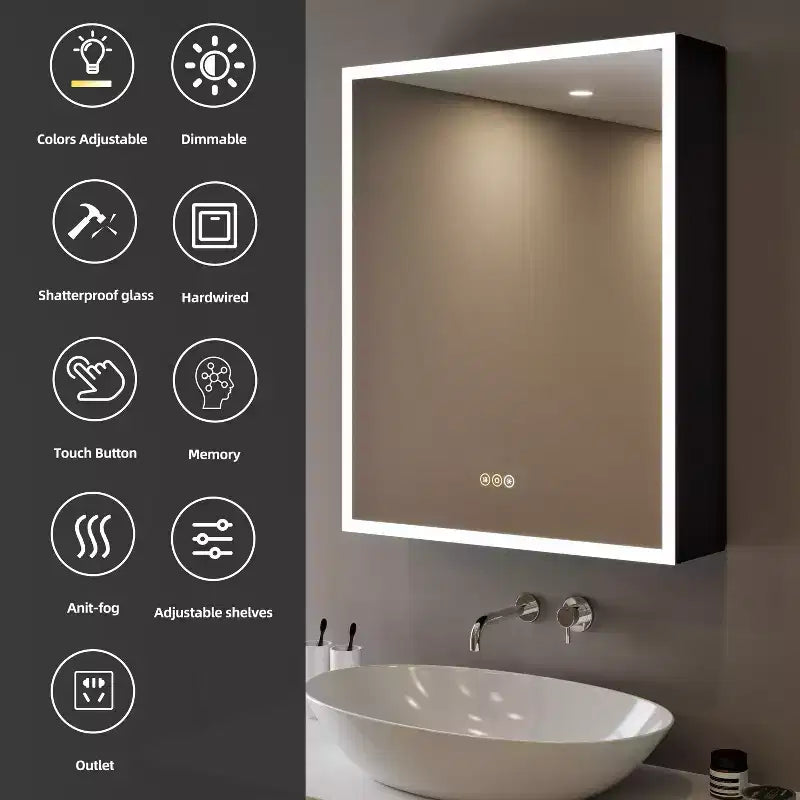Pensile Flora con specchi e luci, mobiletto da bagno a incasso/da parete con luce a 3 modalità, dimmerabile, anti-appannamento, nero