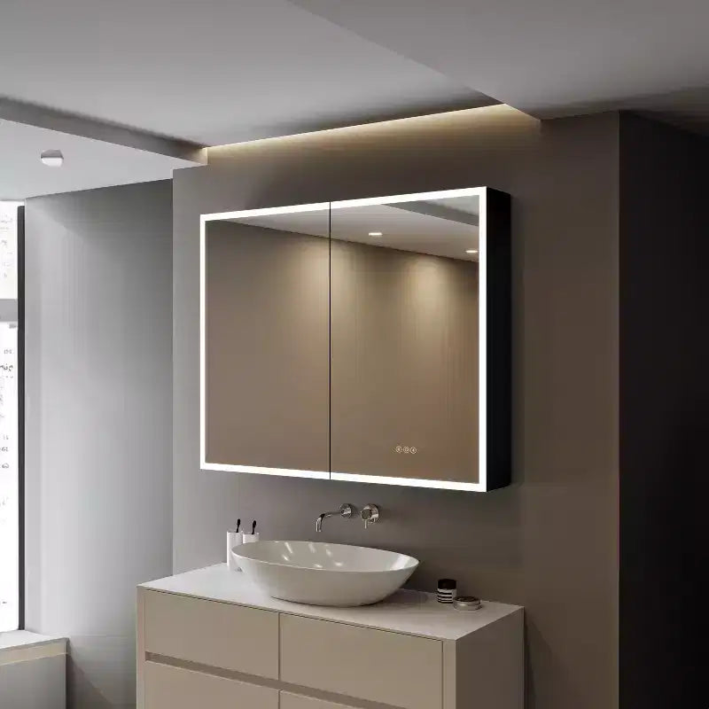 Pensile Flora con specchi e luci, mobiletto da bagno a incasso/da parete con luce a 3 modalità, dimmerabile, anti-appannamento, nero