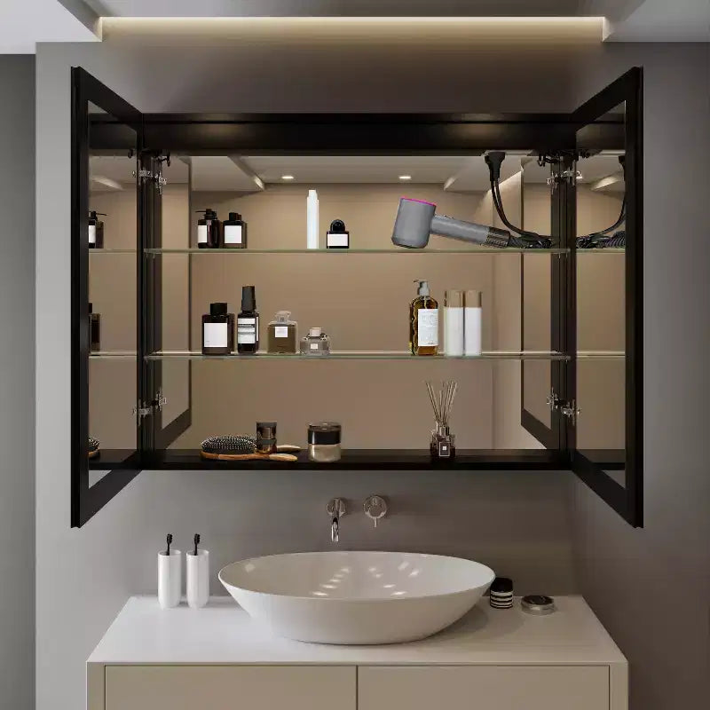 Pensile Flora con specchi e luci, mobiletto da bagno a incasso/da parete con luce a 3 modalità, dimmerabile, anti-appannamento, nero