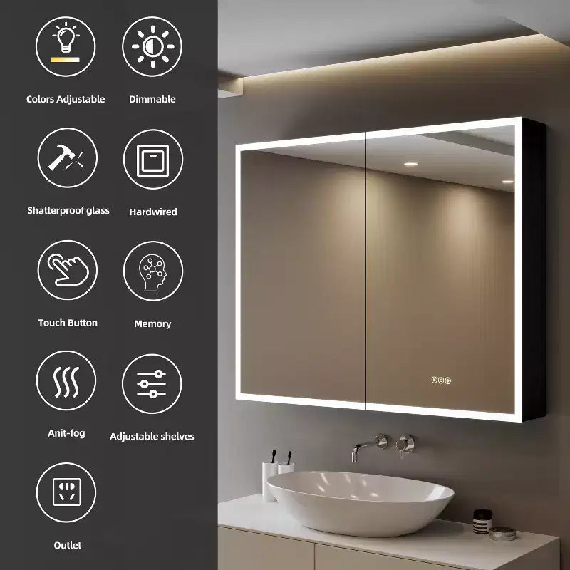 Pensile Flora con specchi e luci, mobiletto da bagno a incasso/da parete con luce a 3 modalità, dimmerabile, anti-appannamento, nero