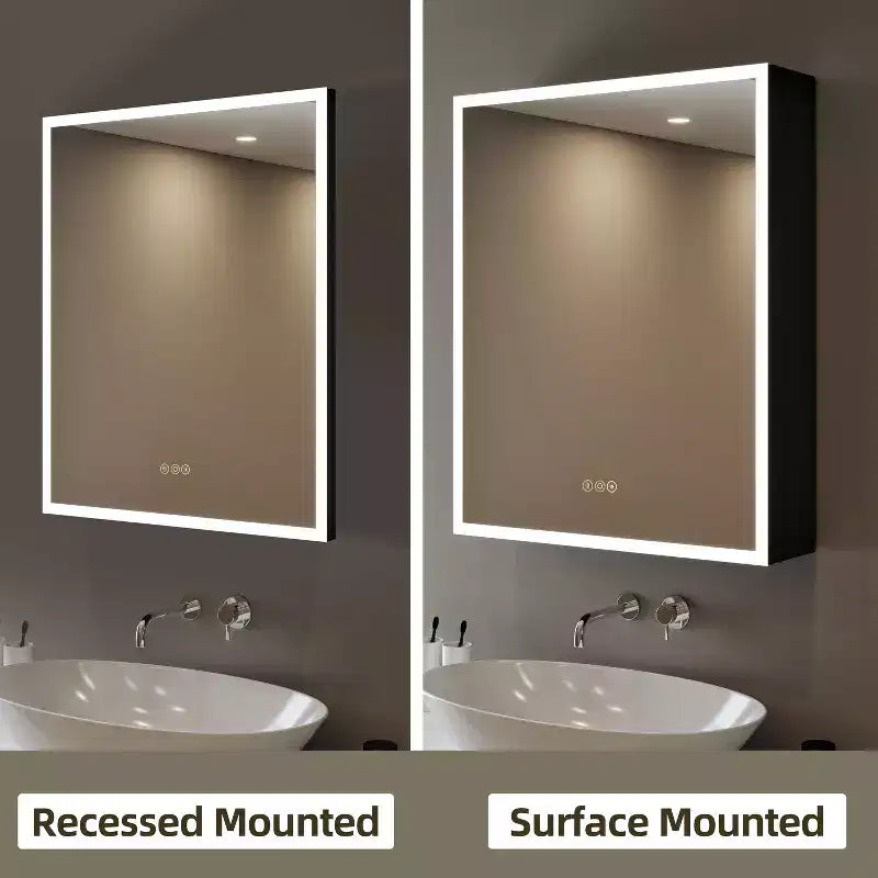 Pensile Flora con specchi e luci, mobiletto da bagno a incasso/da parete con luce a 3 modalità, dimmerabile, anti-appannamento, nero