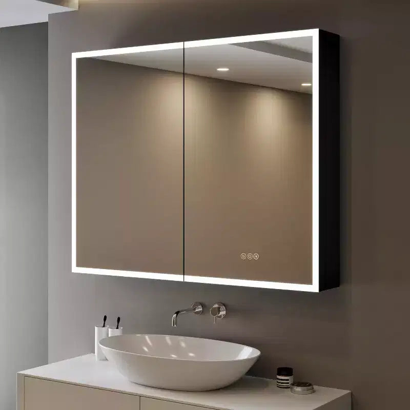 Pensile Flora con specchi e luci, mobiletto da bagno a incasso/da parete con luce a 3 modalità, dimmerabile, anti-appannamento, nero