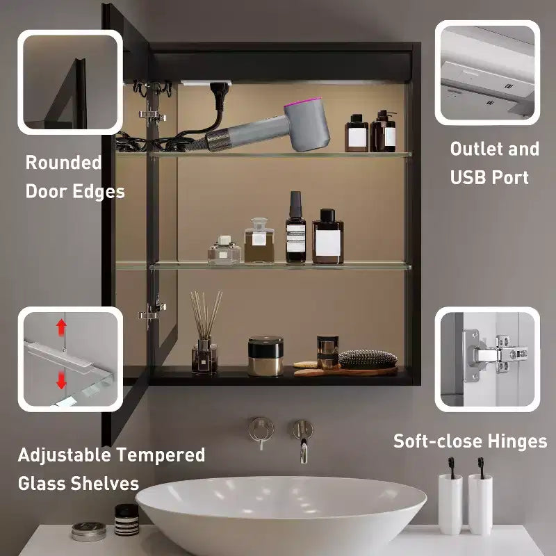 Pensile Flora con specchi e luci, mobiletto da bagno a incasso/da parete con luce a 3 modalità, dimmerabile, anti-appannamento, nero