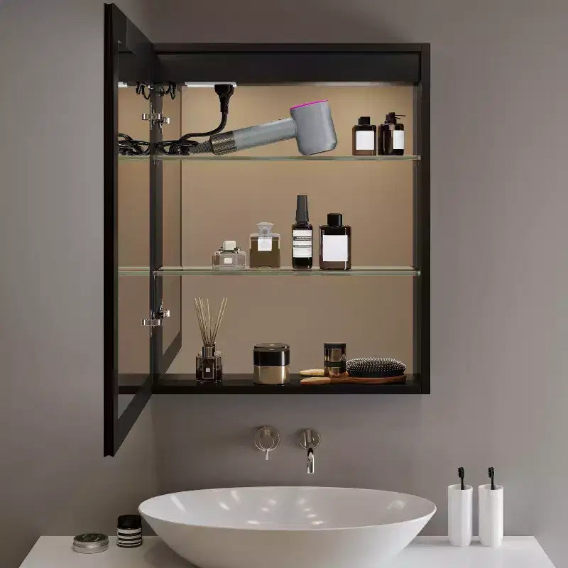 Pensile Flora con specchi e luci, mobiletto da bagno a incasso/da parete con luce a 3 modalità, dimmerabile, anti-appannamento, nero
