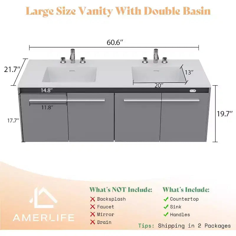 AMERLIFE LED Floating Bathroom Double Vanity with Sink Combo