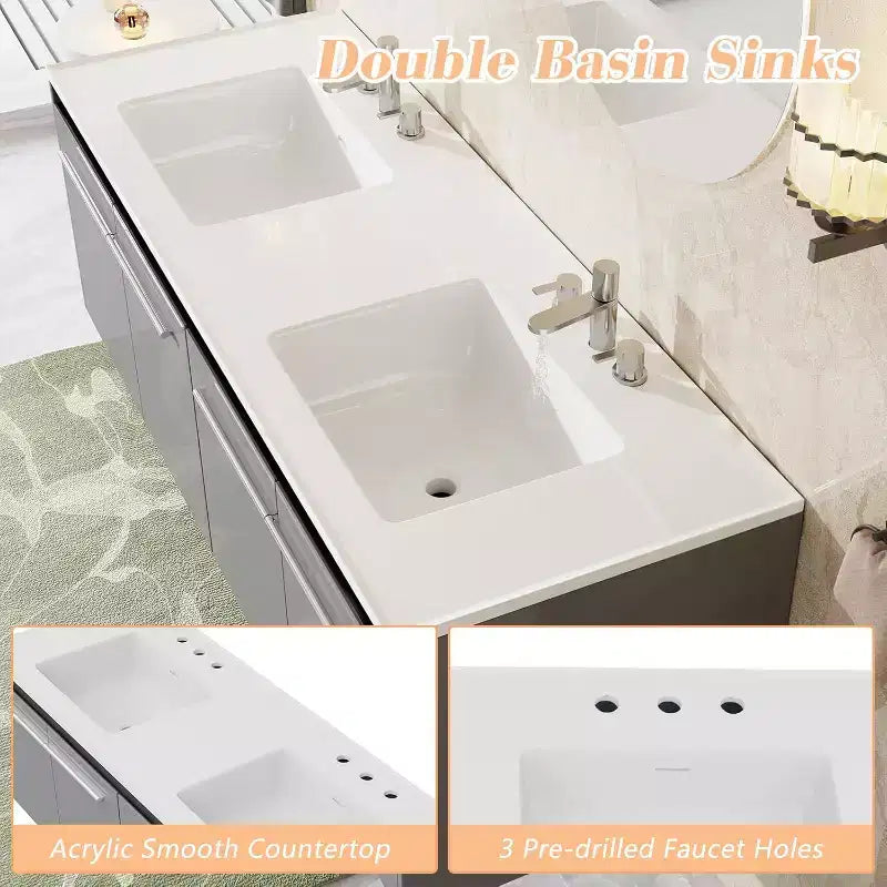 AMERLIFE LED Floating Bathroom Double Vanity with Sink Combo