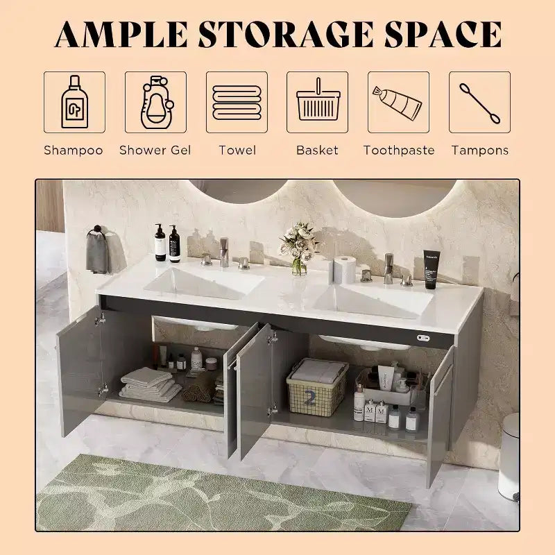 AMERLIFE LED Floating Bathroom Double Vanity with Sink Combo