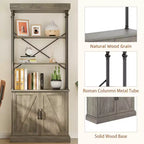 Bookcase with Doors, 74 Tall Wood & Metal Bookshelf with Storage Cabinet, Vintage Open Shelf