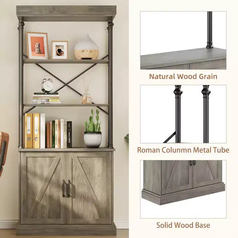 Bookcase with Doors, 74 Tall Wood & Metal Bookshelf with Storage Cabinet, Vintage Open Shelf