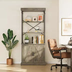 Bookcase with Doors, 74 Tall Wood & Metal Bookshelf with Storage Cabinet, Vintage Open Shelf