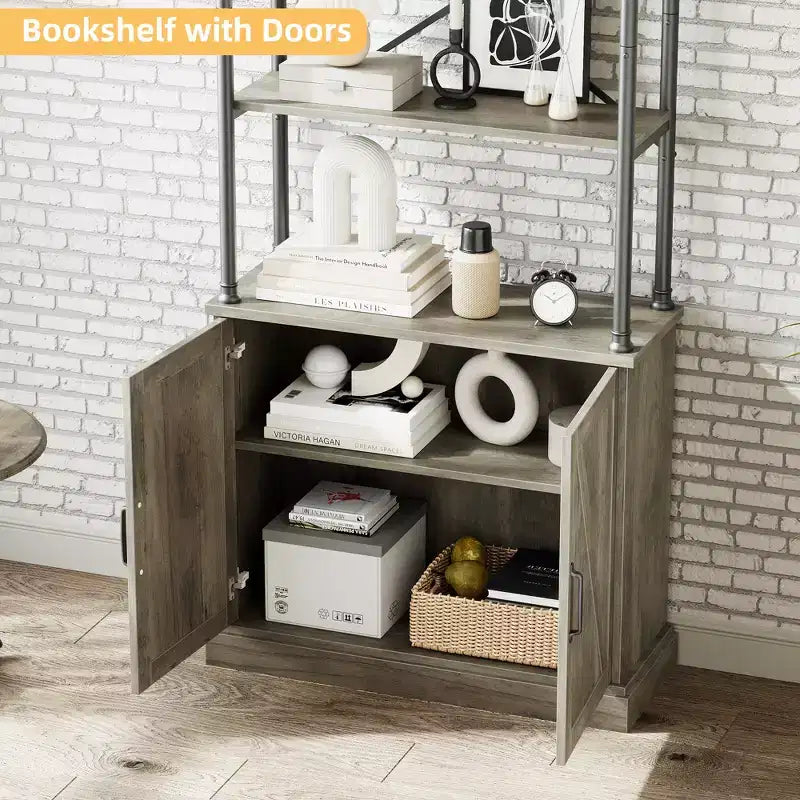 Bookcase with Doors, 74 Tall Wood & Metal Bookshelf with Storage Cabinet, Vintage Open Shelf