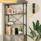 Bookcase with Doors, 74 Tall Wood & Metal Bookshelf with Storage Cabinet, Vintage Open Shelf