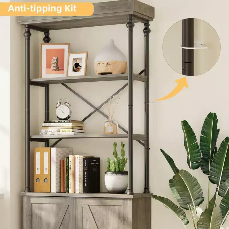 Bookcase with Doors, 74 Tall Wood & Metal Bookshelf with Storage Cabinet, Vintage Open Shelf
