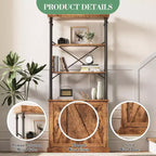 Bookcase with Doors, 74 Tall Wood & Metal Bookshelf with Storage Cabinet, Vintage Open Shelf