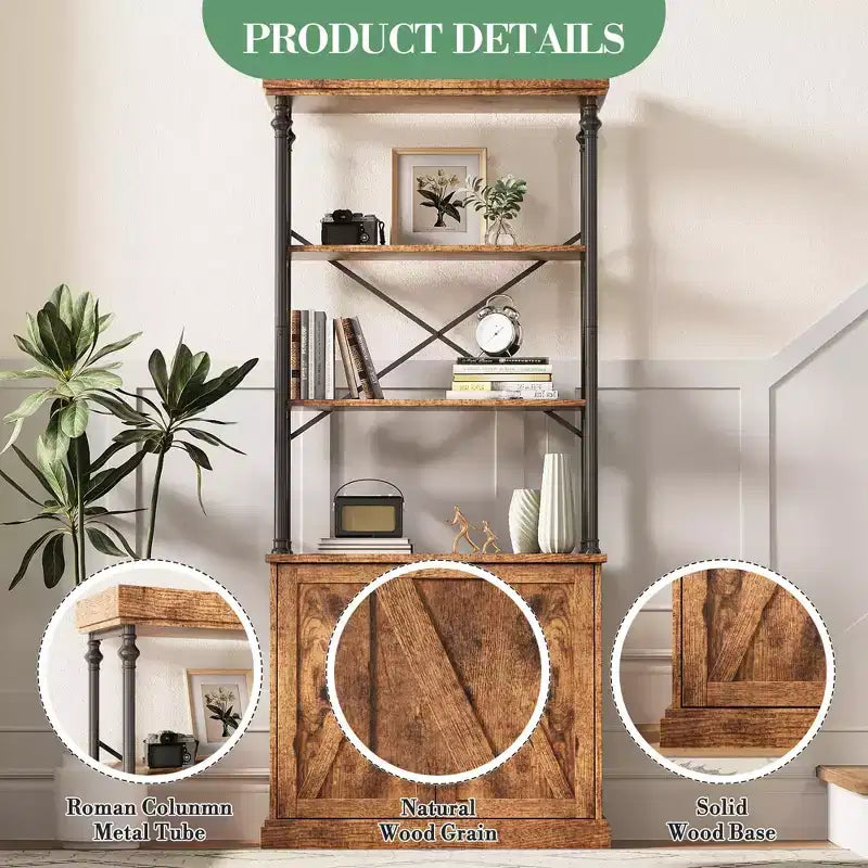 Bookcase with Doors, 74 Tall Wood & Metal Bookshelf with Storage Cabinet, Vintage Open Shelf