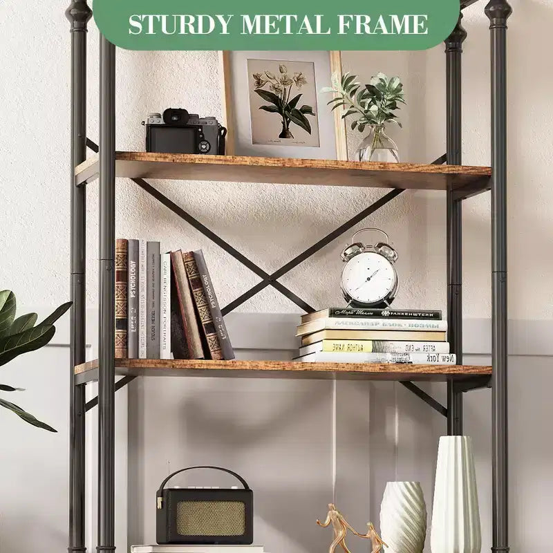 Bookcase with Doors, 74 Tall Wood & Metal Bookshelf with Storage Cabinet, Vintage Open Shelf