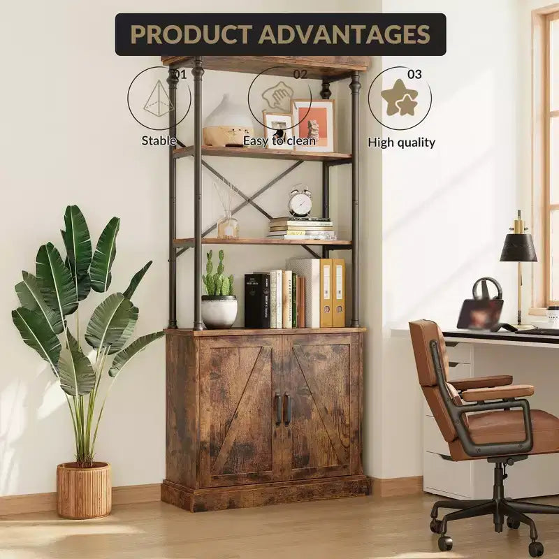 Bookcase with Doors, 74 Tall Wood & Metal Bookshelf with Storage Cabinet, Vintage Open Shelf