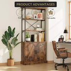 Bookcase with Doors, 74 Tall Wood & Metal Bookshelf with Storage Cabinet, Vintage Open Shelf