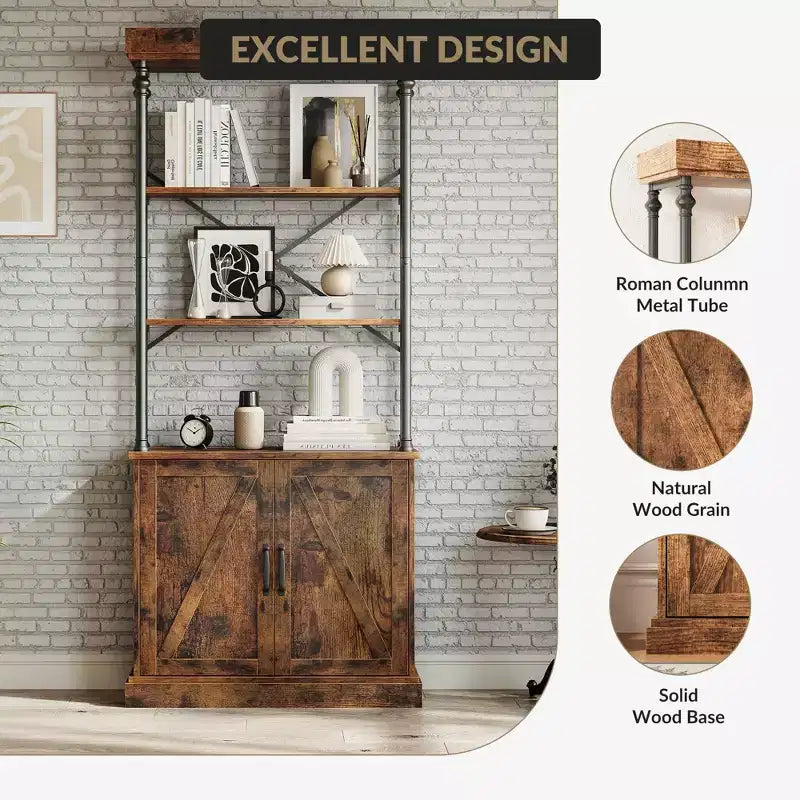 Bookcase with Doors, 74 Tall Wood & Metal Bookshelf with Storage Cabinet, Vintage Open Shelf