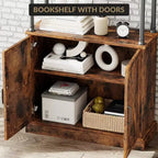Bookcase with Doors, 74 Tall Wood & Metal Bookshelf with Storage Cabinet, Vintage Open Shelf