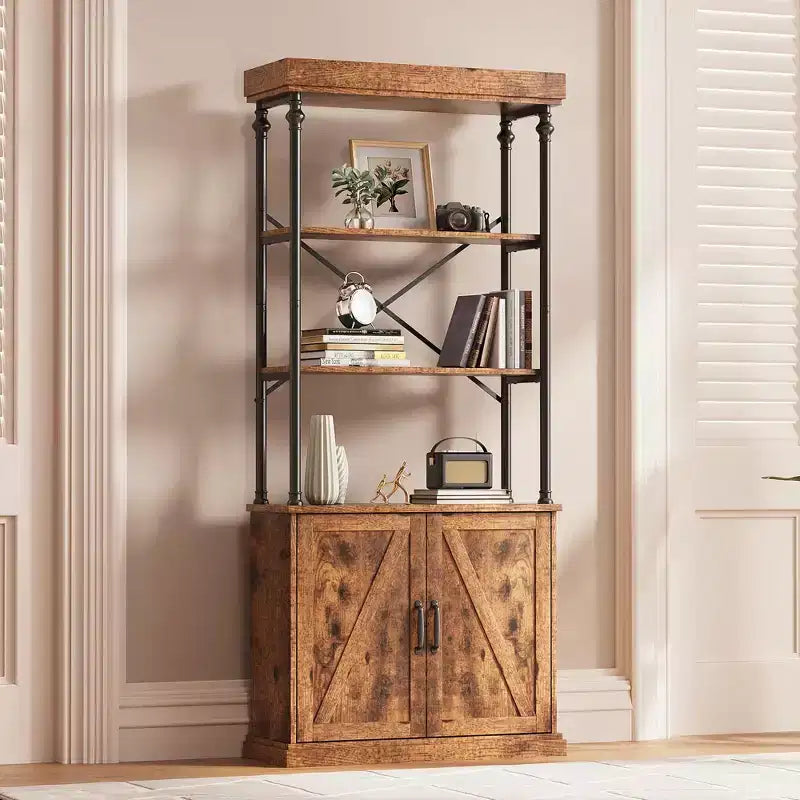 Bookcase with Doors, 74 Tall Wood & Metal Bookshelf with Storage Cabinet, Vintage Open Shelf