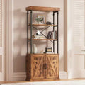 Bookcase with Doors, 74 Tall Wood & Metal Bookshelf with Storage Cabinet, Vintage Open Shelf
