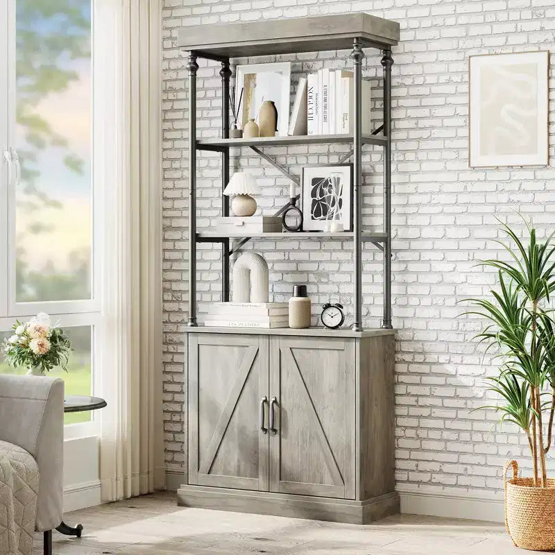Libreria con ante, scaffale alto 74 cm in legno e metallo con armadietto, scaffale aperto vintage