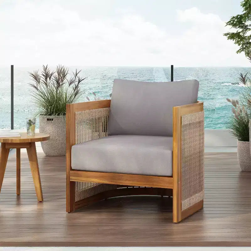 Christopher Knight Home Atoka Outdoor Rustic Acacia Wood and Rope Club Chair with Water-Resistant Cushion