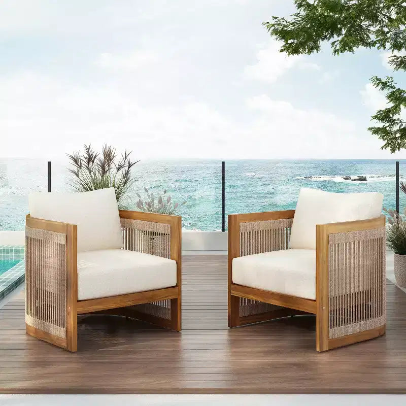 Christopher Knight Home Atoka Outdoor Rustic Acacia Wood and Rope Club Chair with Water-Resistant Cushions (Set of 2)