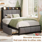Twin Bed Frame with Linen Upholstered, 2 Storage Drawers & Storage Headboard & Charging Station, Noise Free, 800lbs