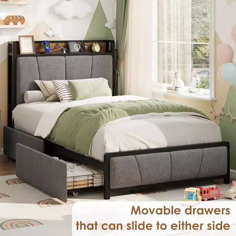 Twin Bed Frame with Linen Upholstered, 2 Storage Drawers & Storage Headboard & Charging Station, Noise Free, 800lbs