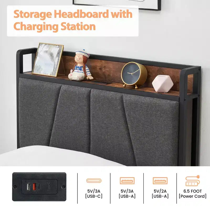 Twin Bed Frame with Linen Upholstered, 2 Storage Drawers & Storage Headboard & Charging Station, Noise Free, 800lbs