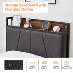 Twin Bed Frame with Linen Upholstered, 2 Storage Drawers & Storage Headboard & Charging Station, Noise Free, 800lbs
