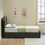 Twin Bed Frame with Linen Upholstered, 2 Storage Drawers & Storage Headboard & Charging Station, Noise Free, 800lbs