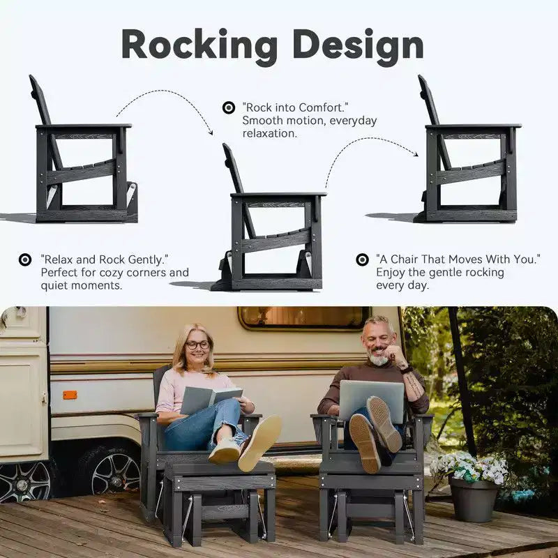 Hyleory HDPE Adirondack Rocking Chair with Ottoman Set - All-Weather Outdoor Patio Furniture, Durable Woodgrain Finish, Comfort-Contoured Seat